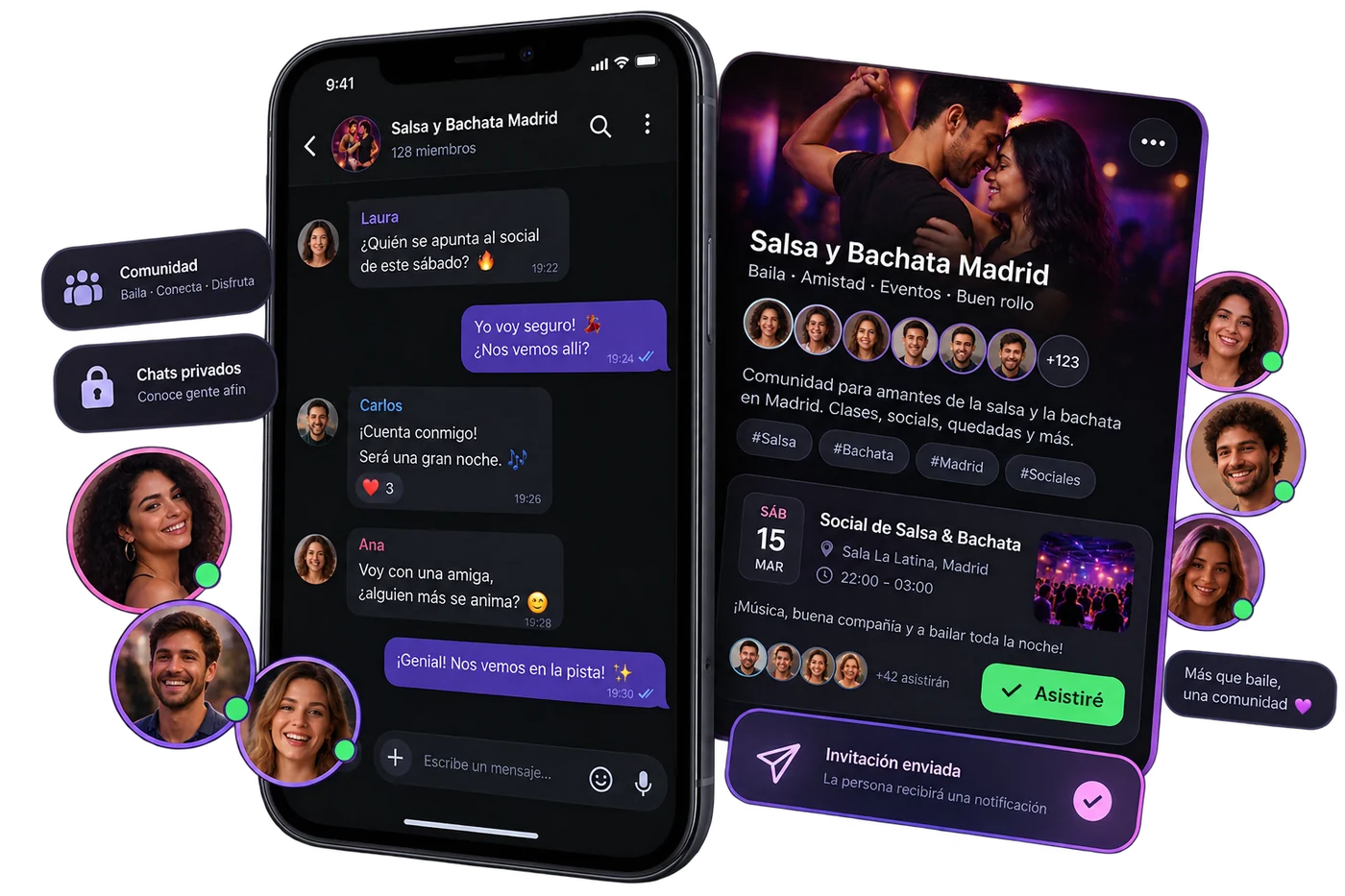 Chat, grupo, miembros y evento compartido en SBK Connect