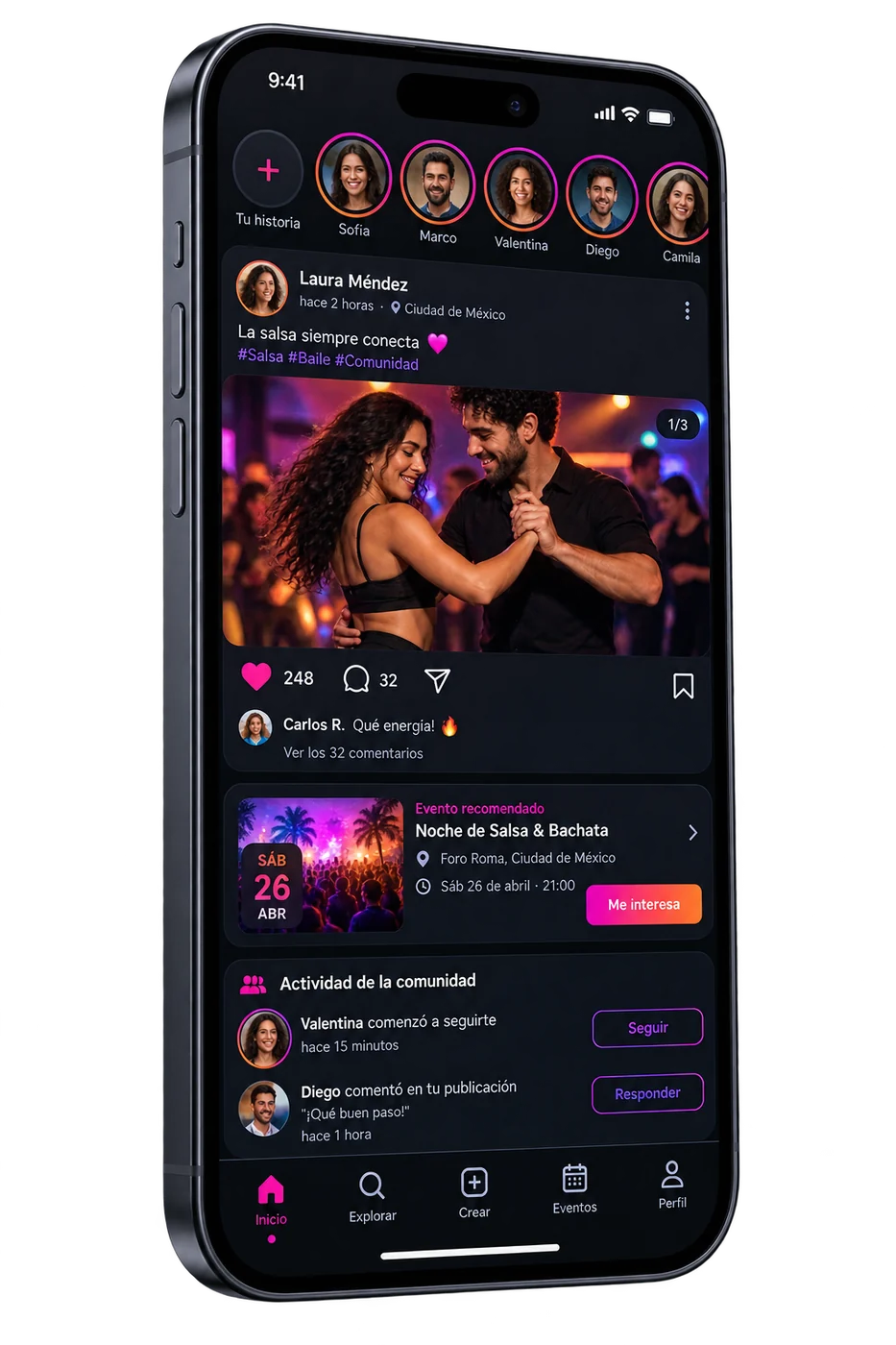 Smartphone con NOW, historias, comunidad y un evento recomendado en español