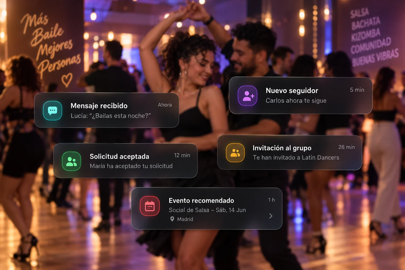 Notificaciones de comunidad sobre una fiesta desenfocada