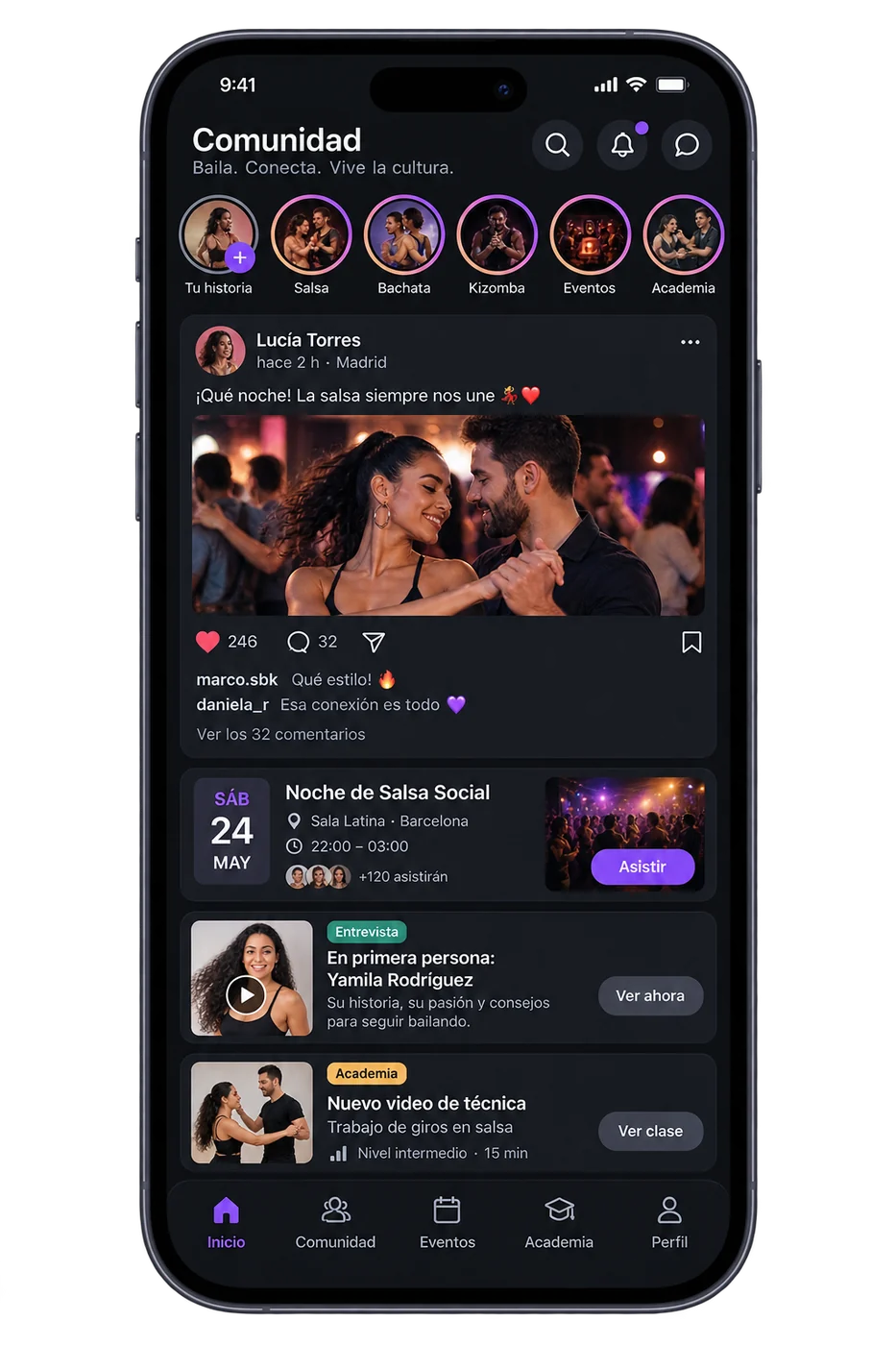 Feed NOW con historias, publicación, evento y entrevista en español