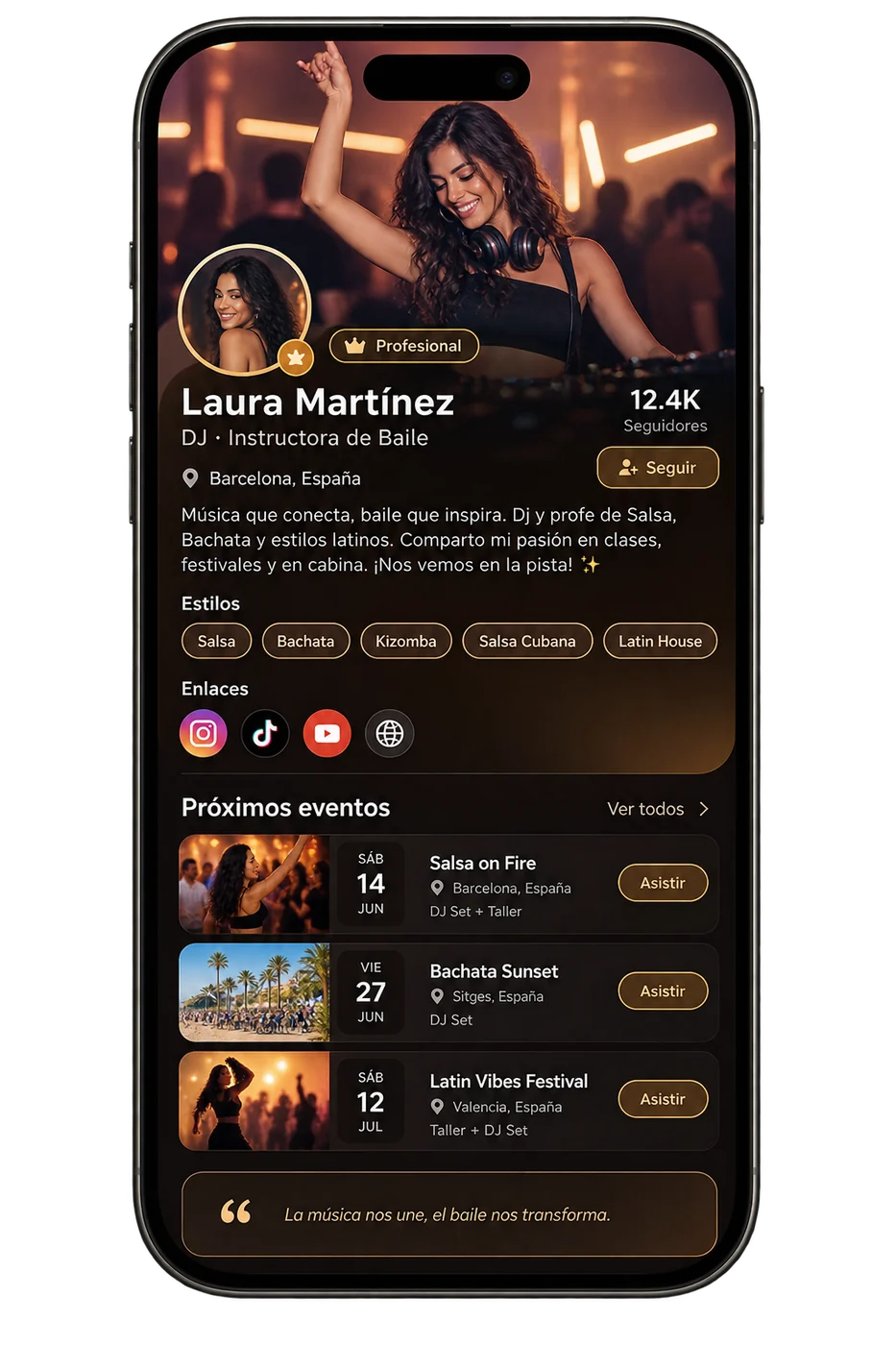 Perfil profesional con seguidores y próximos eventos