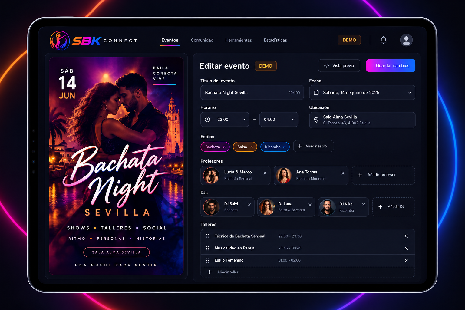 Edición de evento con cartel, fechas, ubicación y artistas; ejemplo de interfaz.