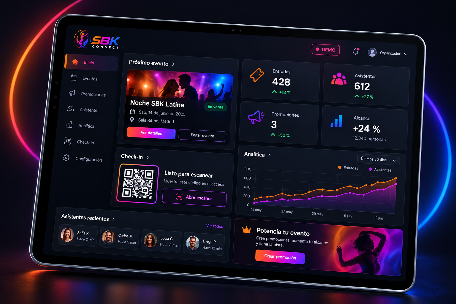 Tablet Professional: próximo evento, entradas, asistentes, promociones, alcance, check-in y analítica. Demo.