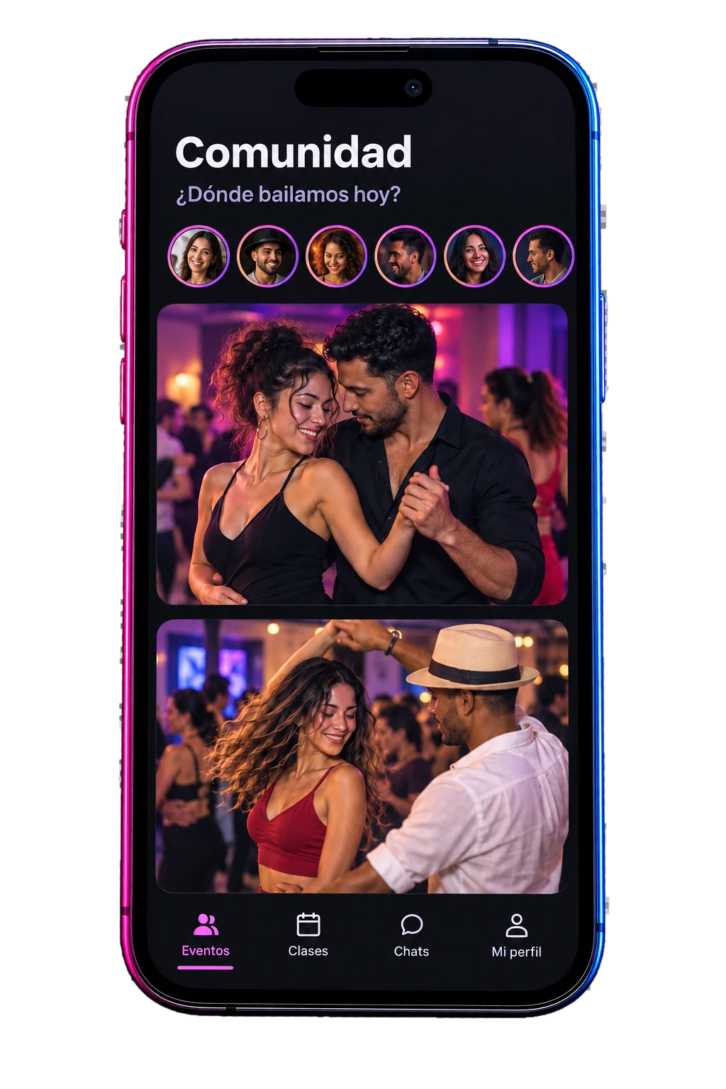 Smartphone con publicaciones e historias de baile en español